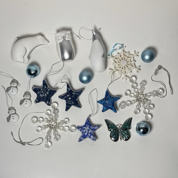 Lot of 17 Blue White and Silver Ornaments Christmas Tree Decorations - Picture 2 of 10
